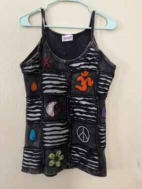 Henna Y2K Patchwork Tank Top Grunge Artsy Distressed Indie Top-Size XL (Fits L)